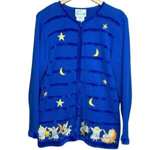 The Quacker Factory Vintage Blue Angel Christmas Cardigan Sweater Size Large